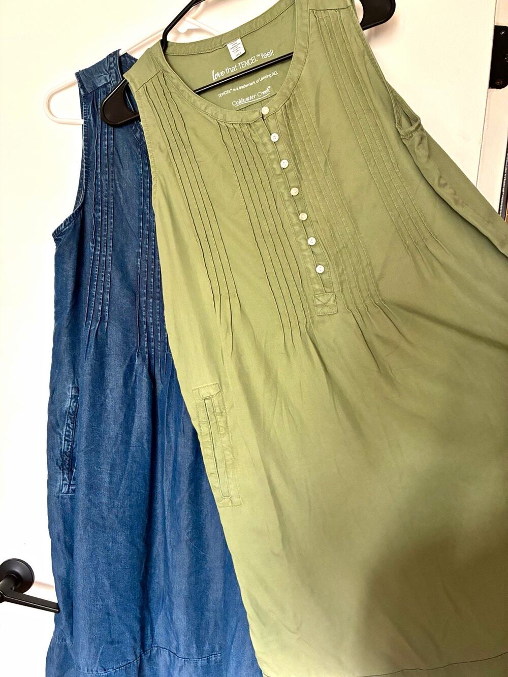 Lot of 2- Coldwater Creek Green/Blue Tencel Lyocell Sleeveless Dress Pockets S